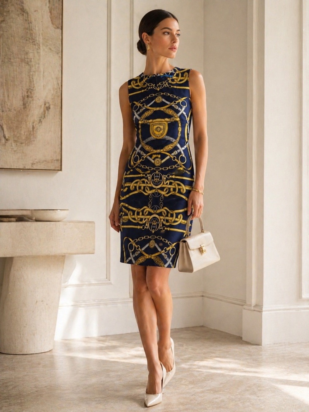 J.McLaughlin Sleeveless Navy Gold Chain Cheshire Sheath Cocktail dress S
